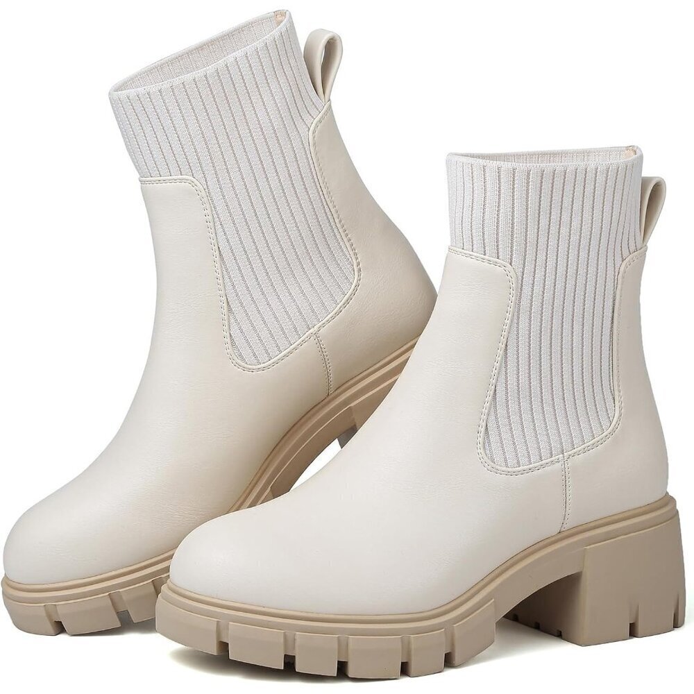 Women's Chelsea Platform Off White Ankle Boots Stylish Comfortable Slip On Shoes
